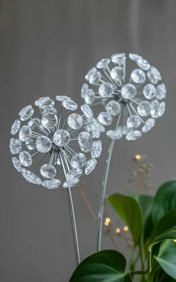 Crystal dandelion ornaments for indoor plant decor | before & after sparkle