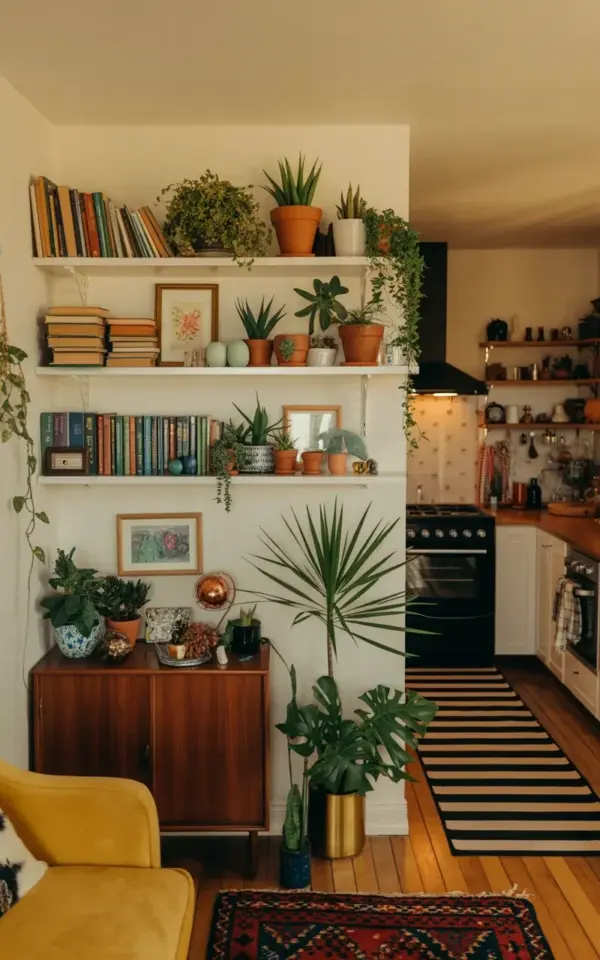Cozy Fall Book Nook with White Floating Shelves and Plants | Cozy Reading Corner Ideas