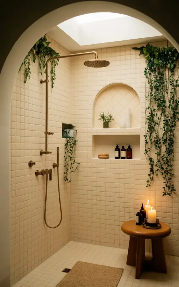 Arched shower with brass fixtures and greenery | cozy bathroom vibe ideas