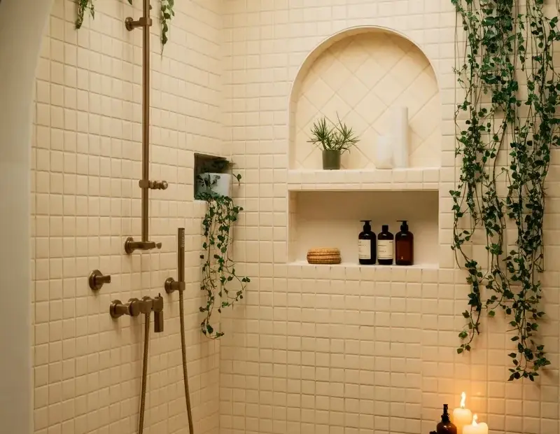 Arched shower with brass fixtures and greenery | cozy bathroom vibe ideas