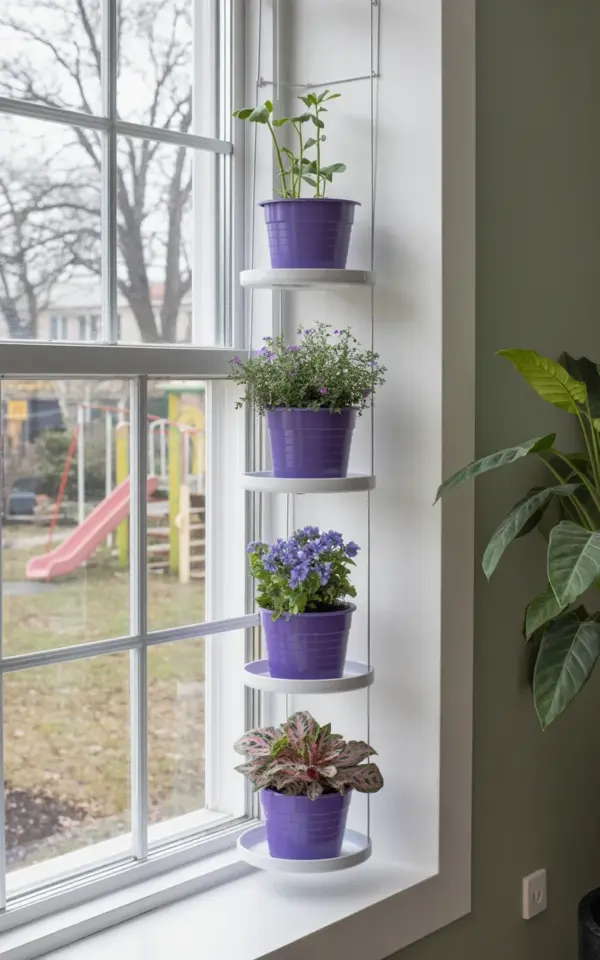 Vertical Indoor Garden with Purple Pots | Space-Saving Window Display | Indoor Plant Decor Ideas