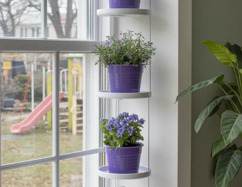 Vertical Indoor Garden with Purple Pots | Space-Saving Window Display | Indoor Plant Decor Ideas