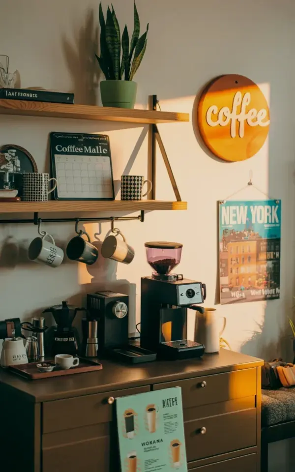 Budget Coffee Station Setup with Floating Shelves and a Snake Plant
