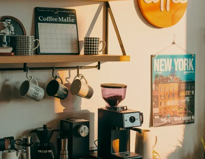 Budget Coffee Station Setup with Floating Shelves and a Snake Plant