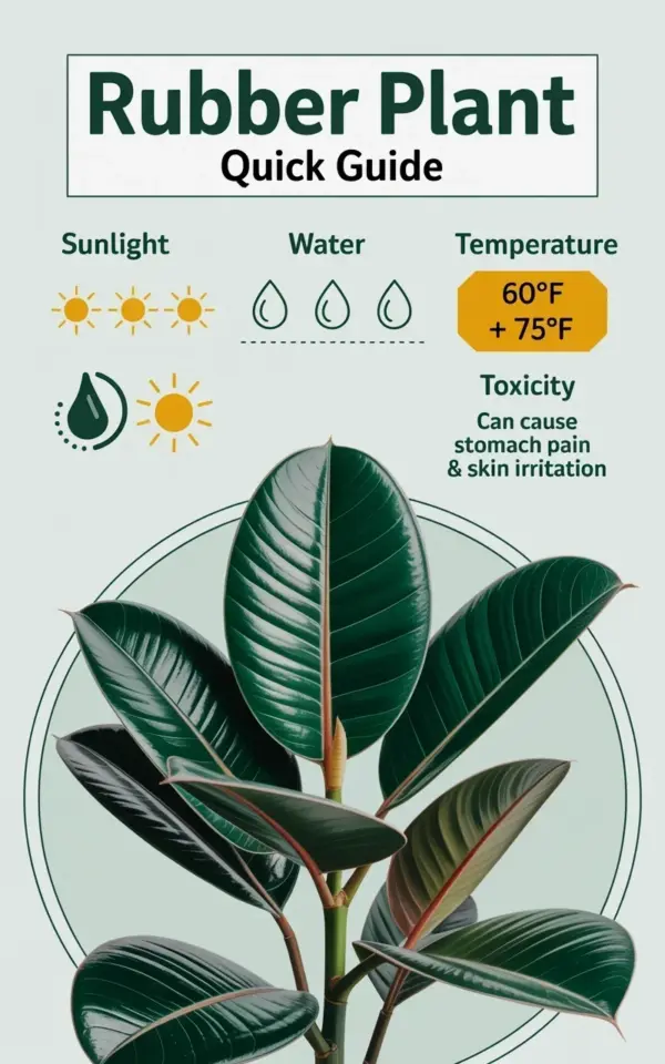Rubber Plant Quick Guide Infographic: Sunlight, Water & Temperature Tips
