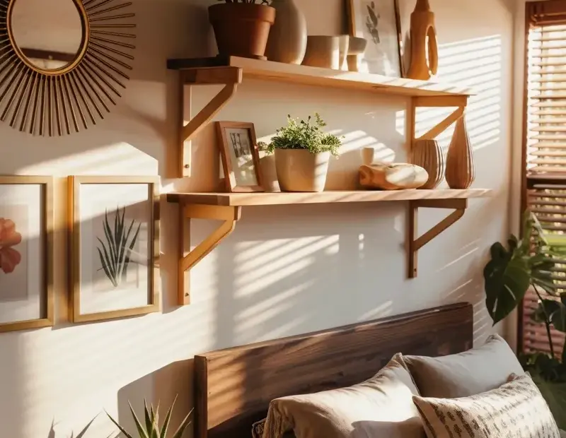 Budget-Friendly Boho Bedroom Gallery Wall | Sunburst Mirror + Plant Shelves